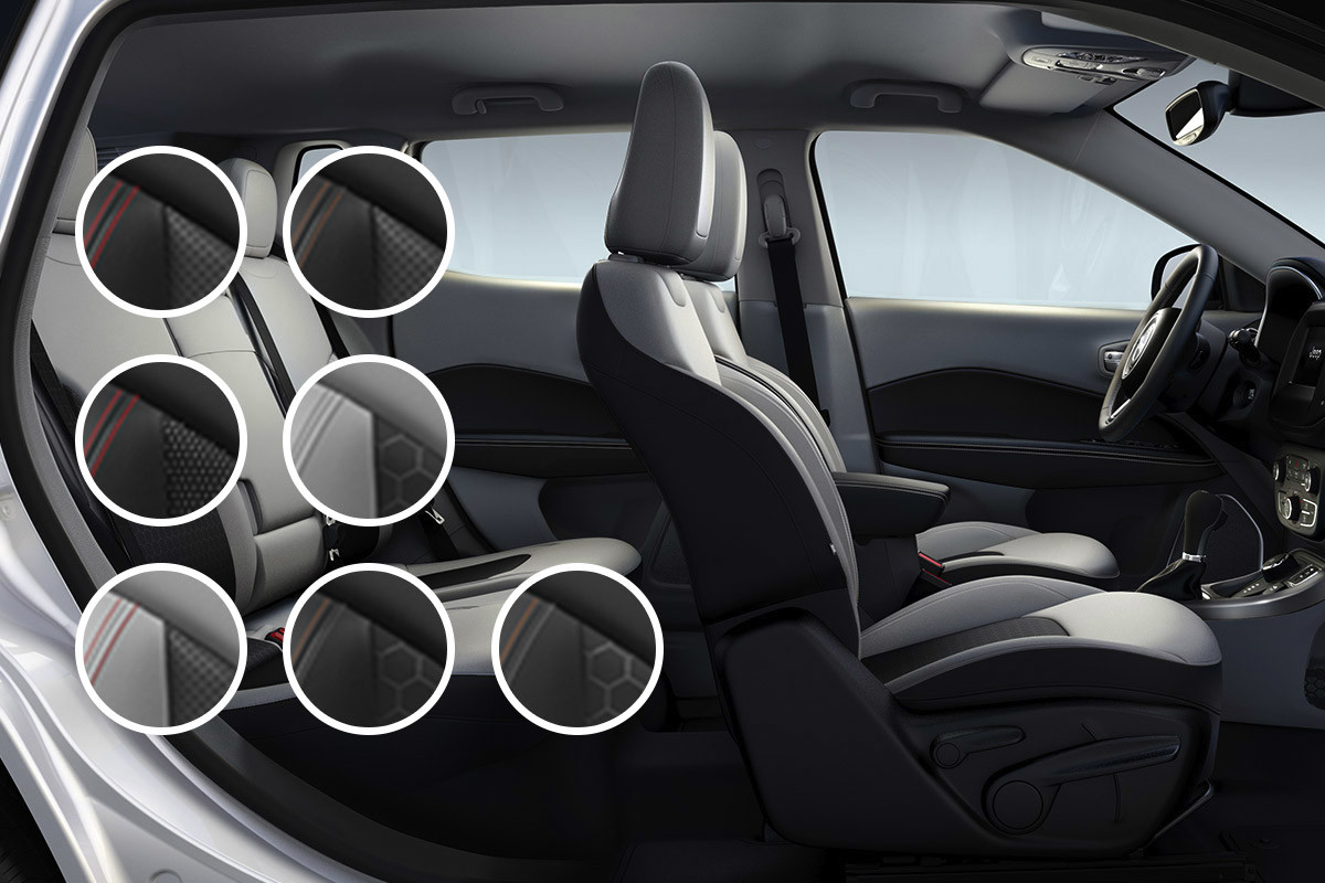 Choose Your Seating Style Side view of seats and steering wheel in a Jeep Compass.