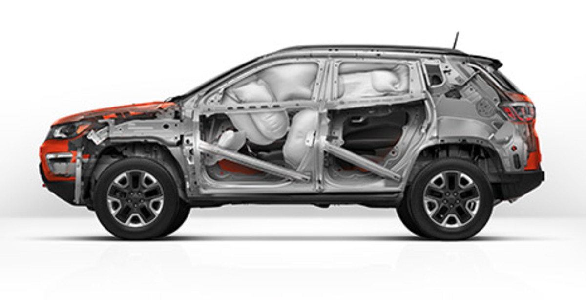 CARACTÉRISTIQUES DE <br>SÉCURITÉ ÉVOLUÉES Vue latérale du Jeep Compass 2021 recouverte d'une illustration du cadre structurel à haute résistance du véhicule.