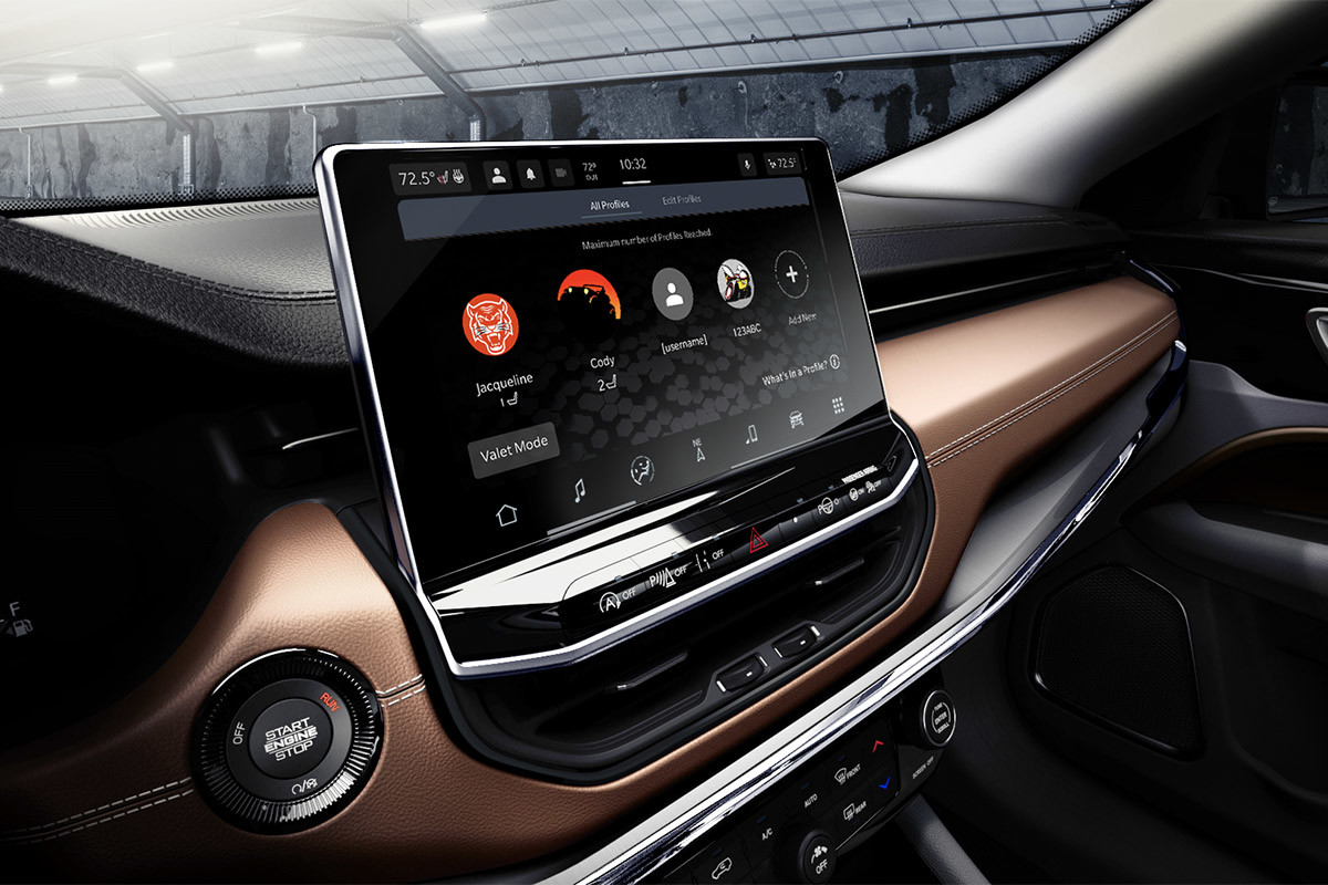 Close up of the Uconnect touchscreen inside the 2022 Jeep Compass.