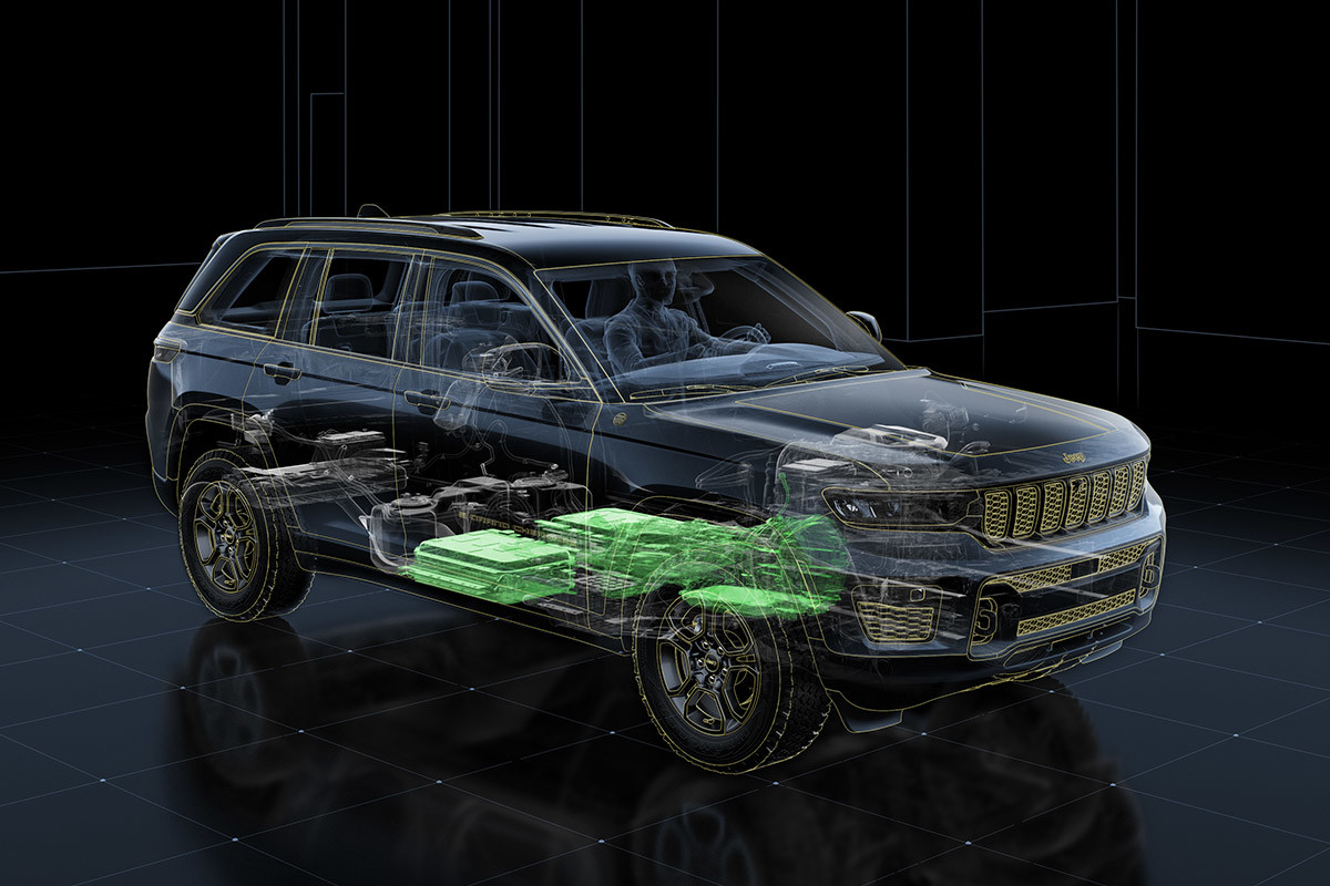 Vue du Jeep Grand Cherokee 4xe VHR 2023 avec la puissance de la batterie surlignée en vert.