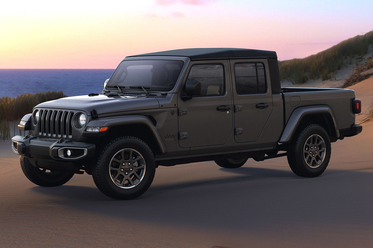 2021 Jeep Gladiator Sport S 80th Anniversary Edition in grey on a beach.