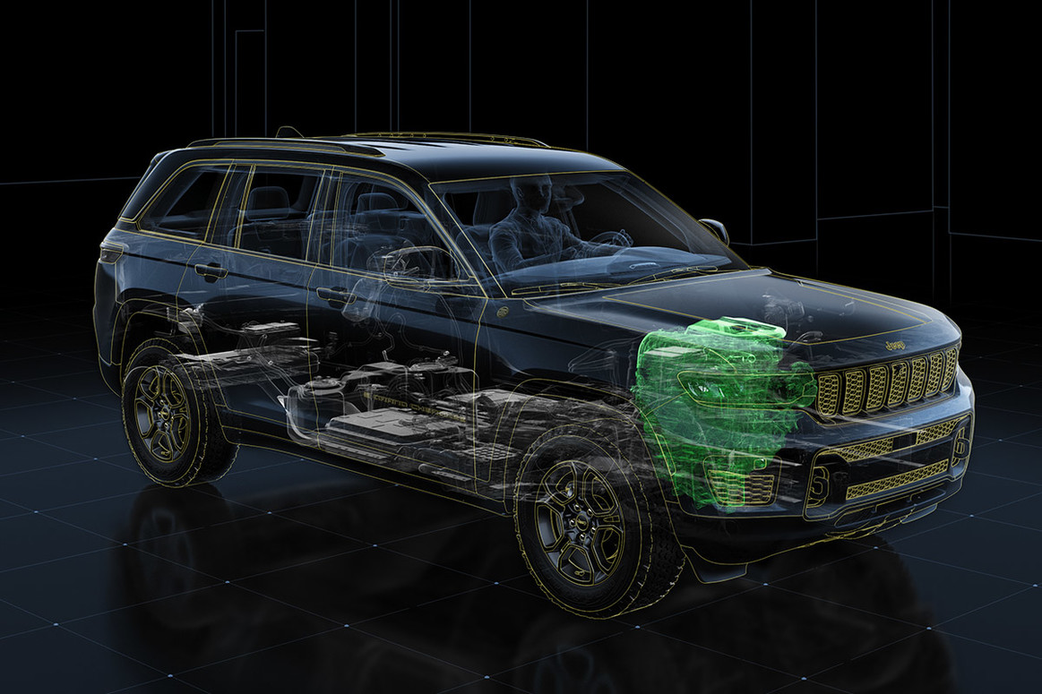Schéma d’un Jeep Grand Cherokee 2022 avec sa batterie en relief.