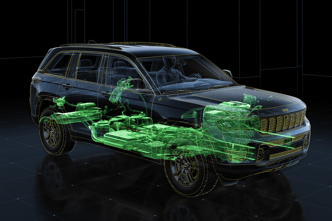 Schéma d’un Jeep Grand Cherokee 2022 avec le groupe motopropulseur en relief.