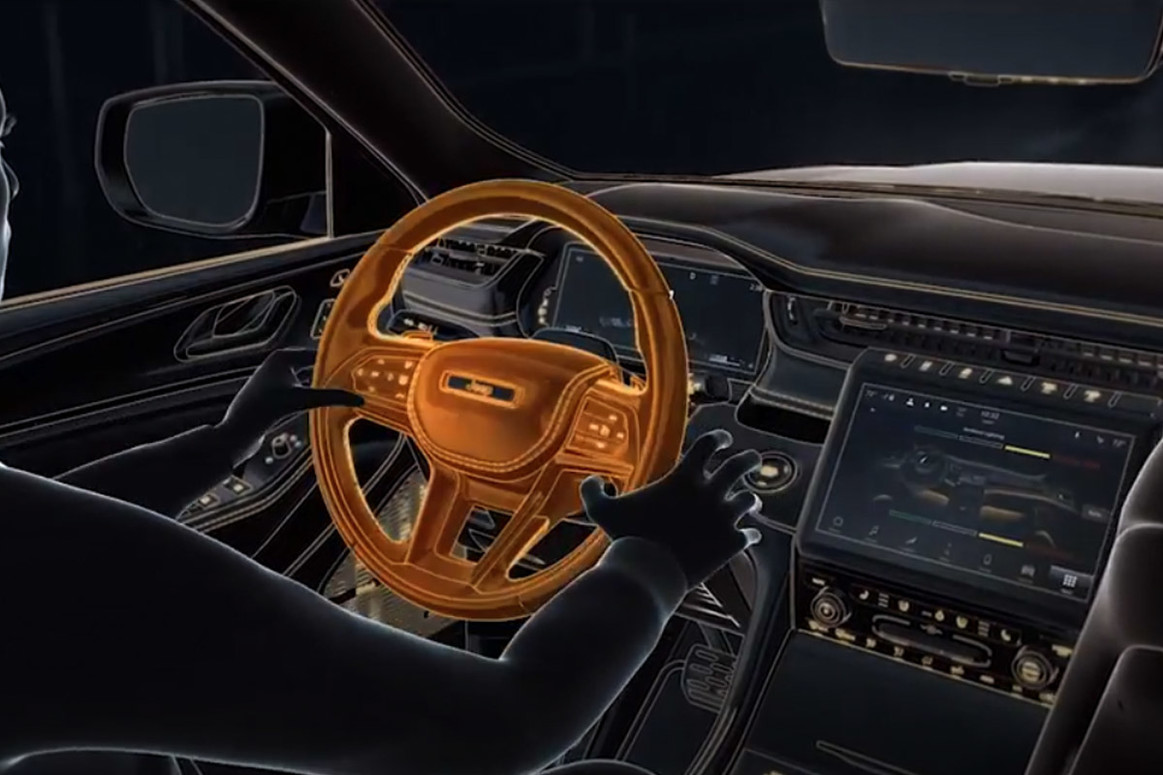 Schéma du siège du conducteur d’un Jeep Grand Cherokee 2022 avec le volant en relief.