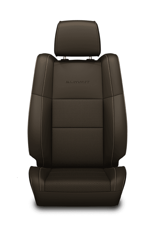 Cuir Natura Plus avec empiècements perforés – brun Jeep avec logo Summit<sup>MD</sup> brodé, coutures contrastantes cuivre et passepoil brun Jeep