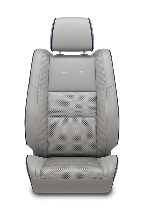 Laguna leather with perforated inserts – Ski Grey with Ski Grey embroidered Summit<sup>®</sup> logo and accent stitching, and Indigo Blue piping