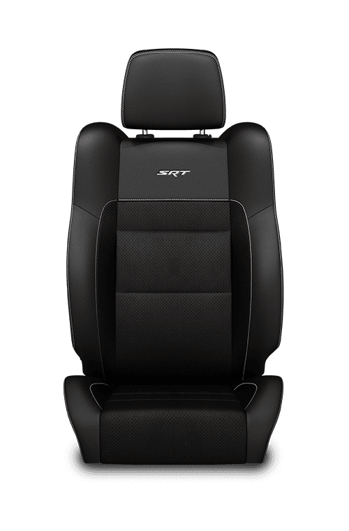 Nappa leather‑faced with perforated suede inserts – Black with Silver embroidered SRT<sup>®</sup> or Trackhawk<sup>TM</sup> logo and Tungsten accent stitching