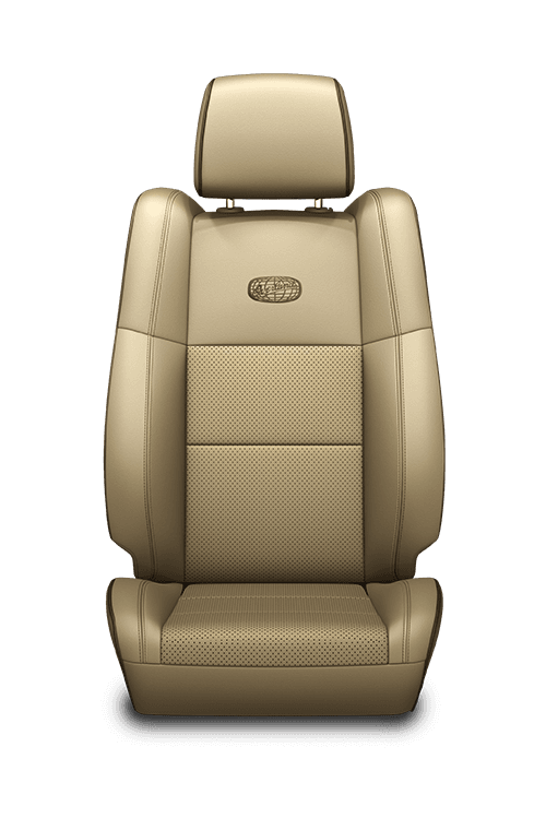 Nappa leather‑faced with perforated inserts – Light Frost Beige with Light Frost Beige accent stitching (Light Frost embroidered Overland<sup>®</sup> logo and Jeep<sub>®</sub> Brown piping on Overland)