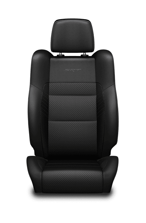 Laguna leather with perforated inserts – Black with embossed SRT<sup>®</sup> or Trackhawk<sup>TM</sup> logo and Tungsten accent stitching