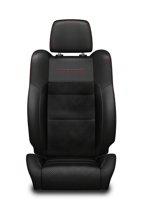 Nappa leather‑faced with perforated suede inserts – Black with Ruby Red embroidered Trailhawk<sup>®</sup> logo and accent stitching
