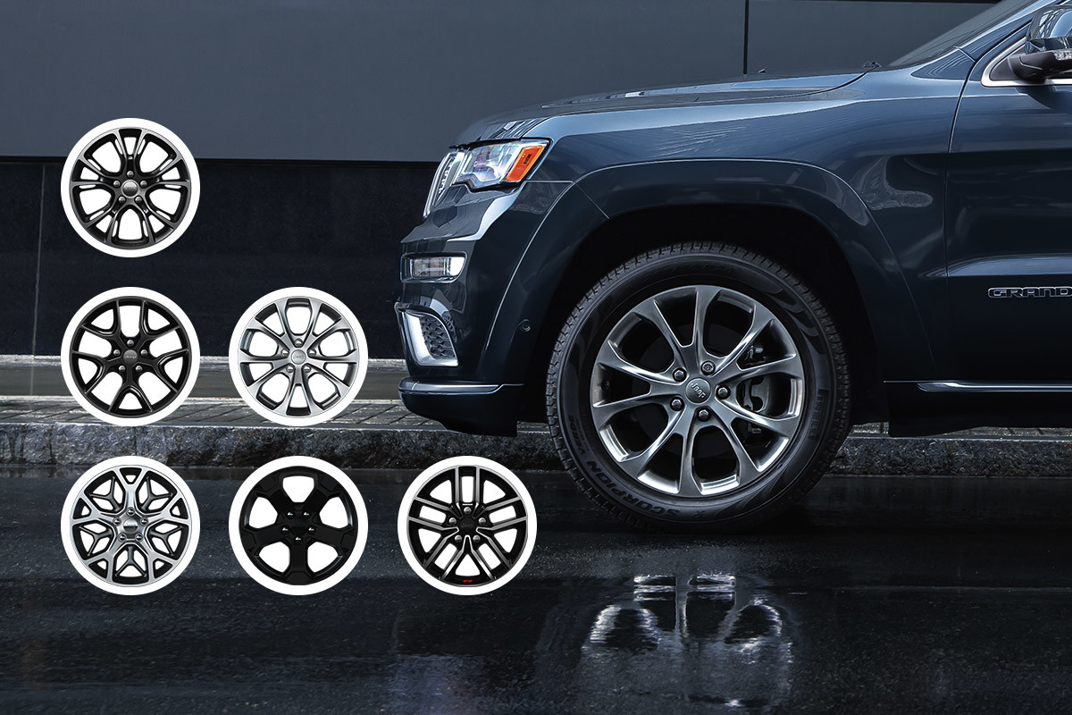 Create a Look That’s Your Own Side-view of the front half of a blue 2021 Jeep Grand Cherokee