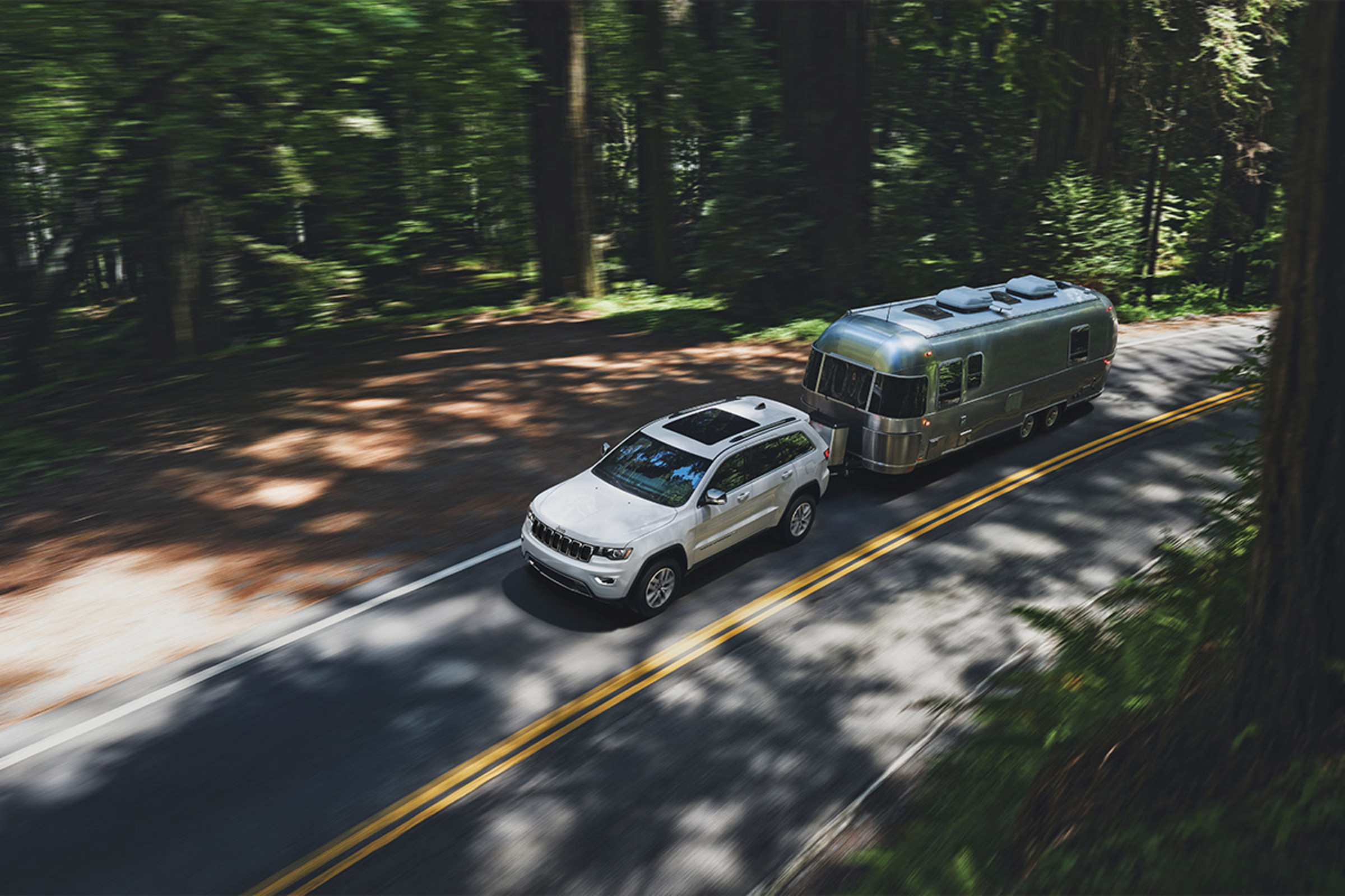 Grand Cherokee WK Limited 2022 de couleur blanc éclatant, tirant une caravane sur une autoroute à travers une forêt de séquoias.
