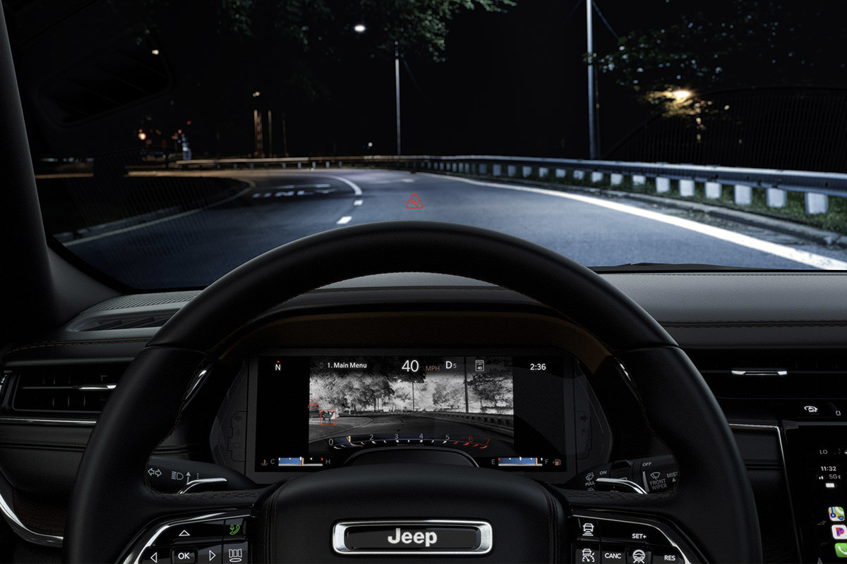 Driver’s view of the All-New 2022 Jeep Grand Cherokee 4xe showing off the night vision.
