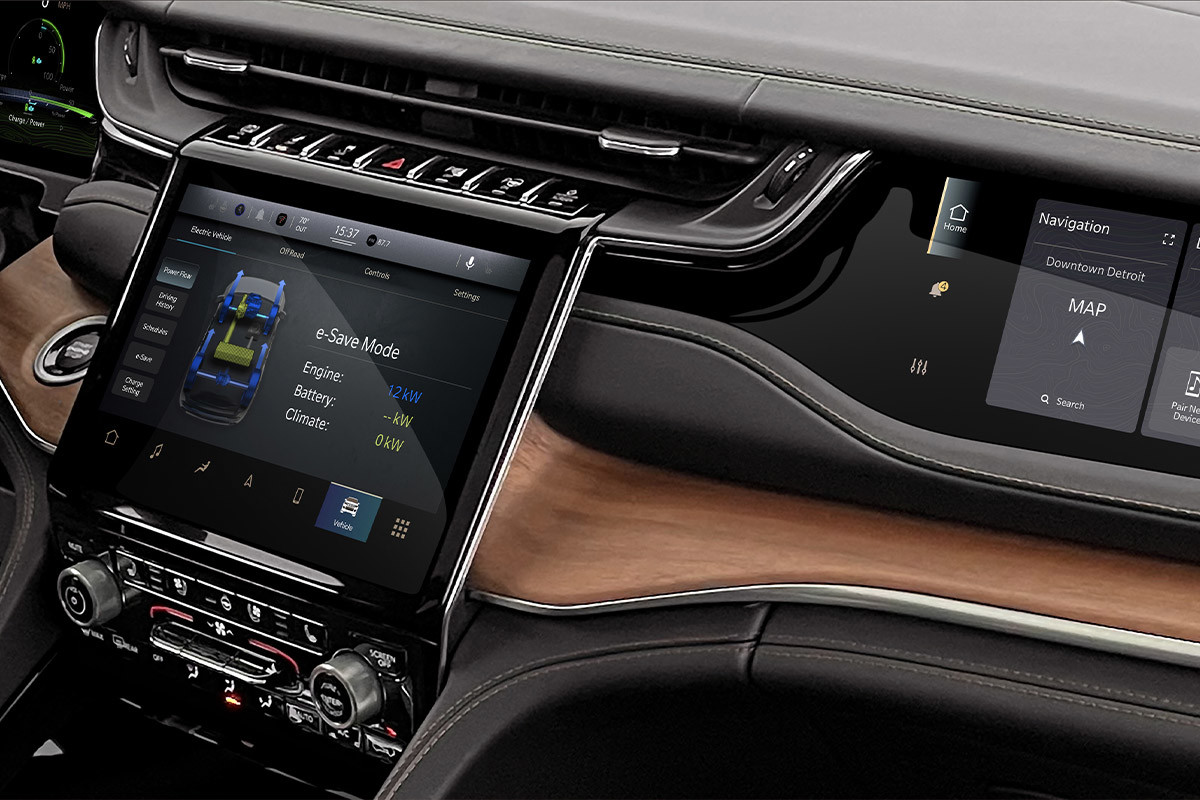 Close up of the Uconnect touchscreen inside the All-New 2022 Jeep Grand Cherokee 4xe.