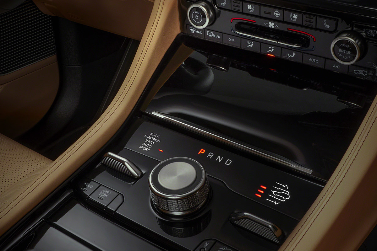 Gros plan du sélecteur rotatif du système de gestion de la motricité Jeep Selec-Terrain intégré à la console centrale du Grand Cherokee L 2021.