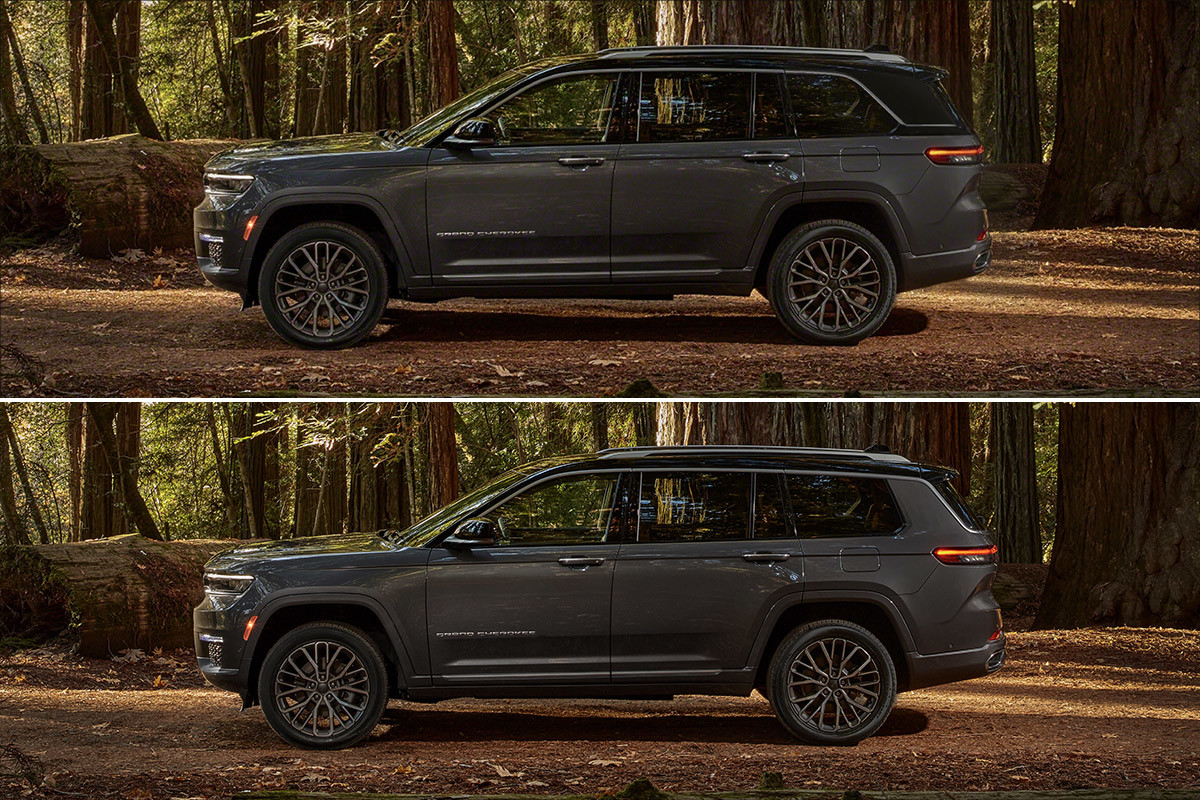 Vue latérale d’un Jeep Grand Cherokee L 2022 gris stationné dans la forêt.