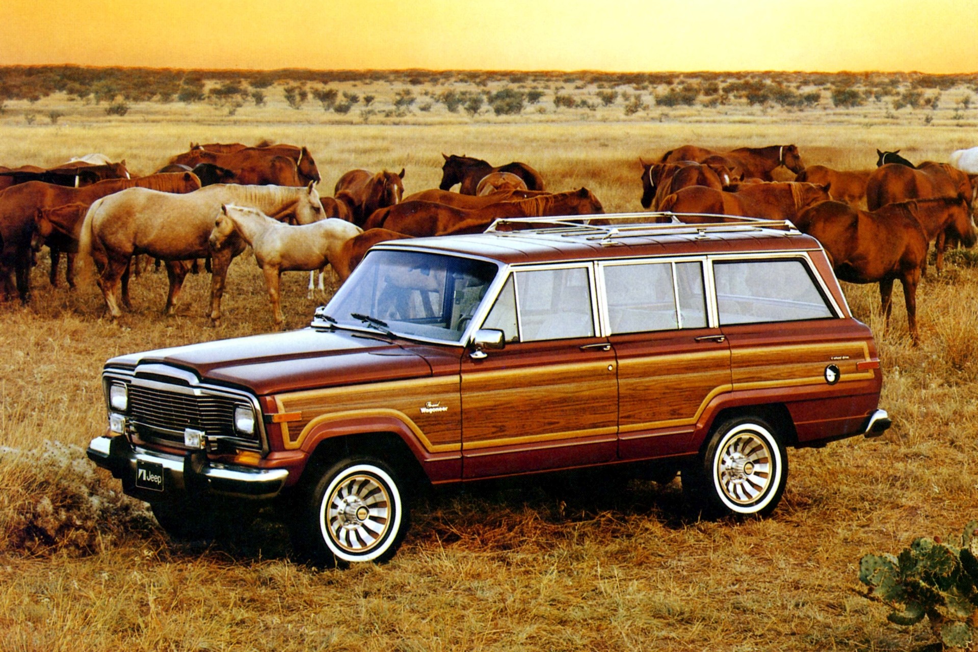 1984 Jeep Grand Wagoneer parked in a field with horses.