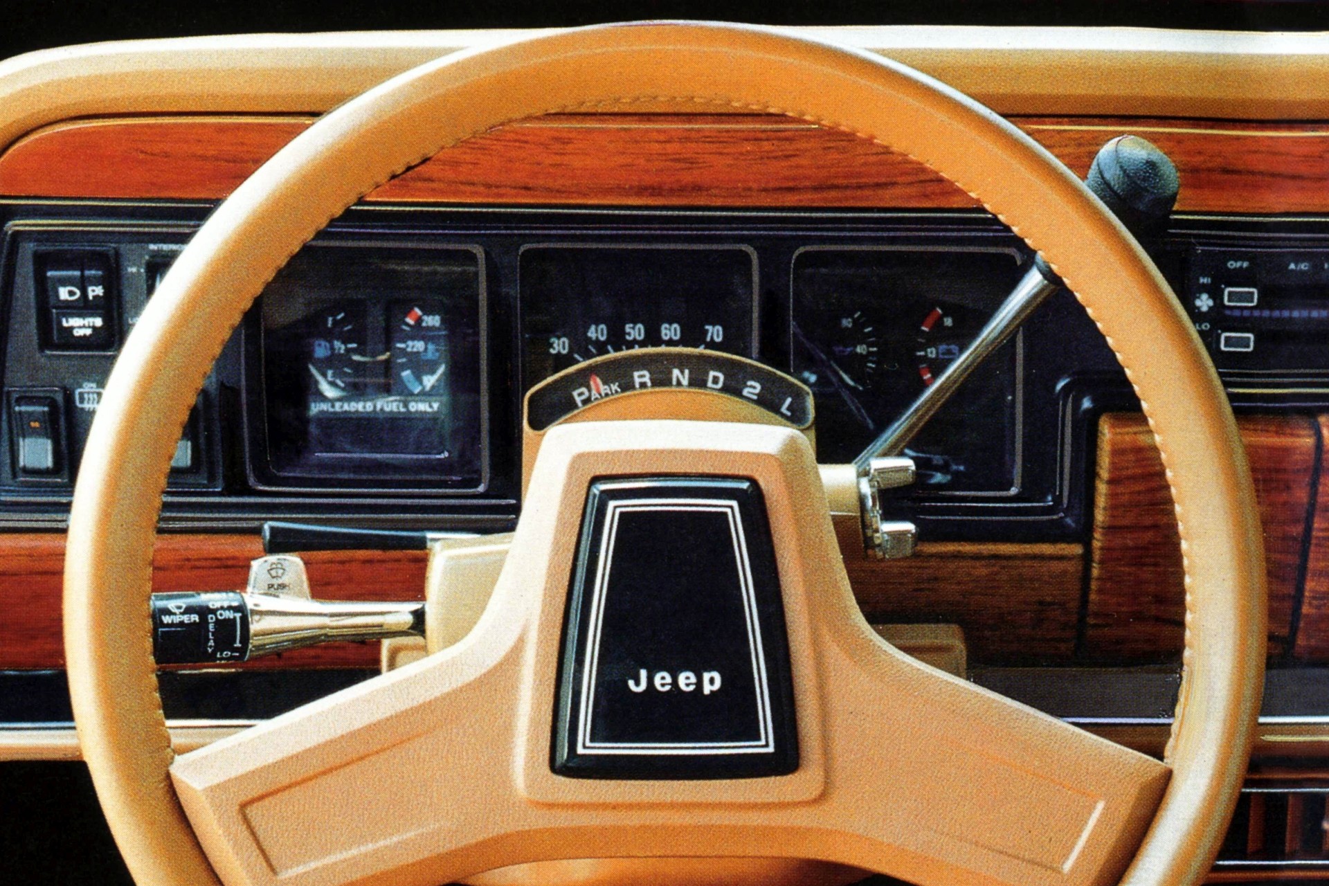 Close-up of the interior steering wheel of a Grand Wagoneer.