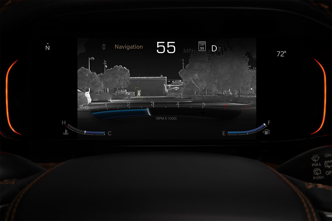 The Night Vision with Pedestrian and Animal Detection system screen being displayed on the front digital console of an All-New 2022 Grand Wagoneer.