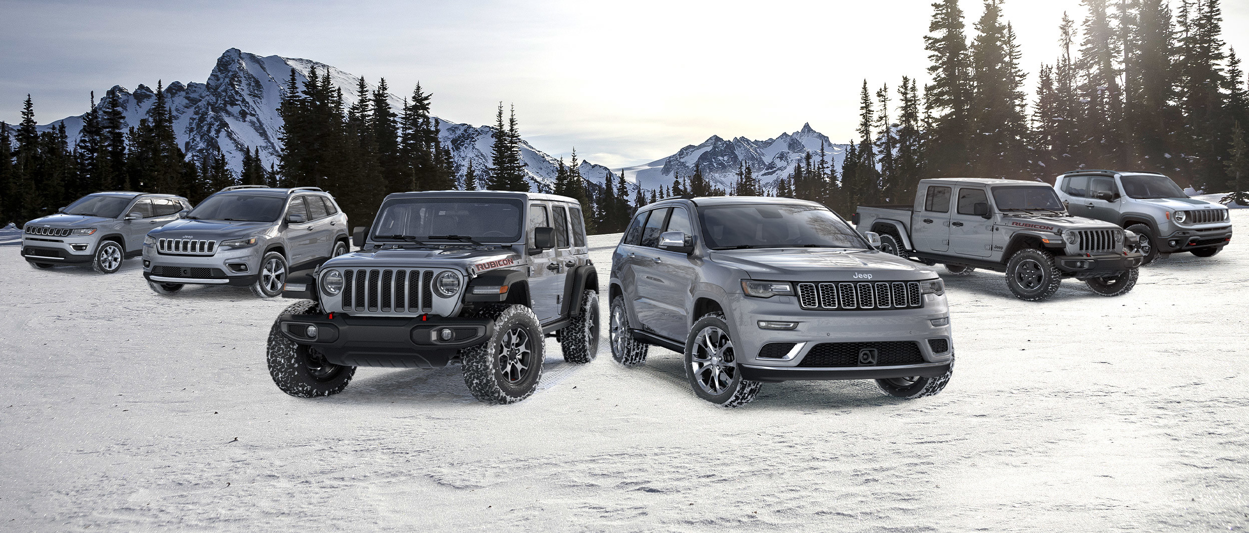 Jeep Lineup in Silver shown in a fan layout, parked in a snowy field with forest and mountains behind.
