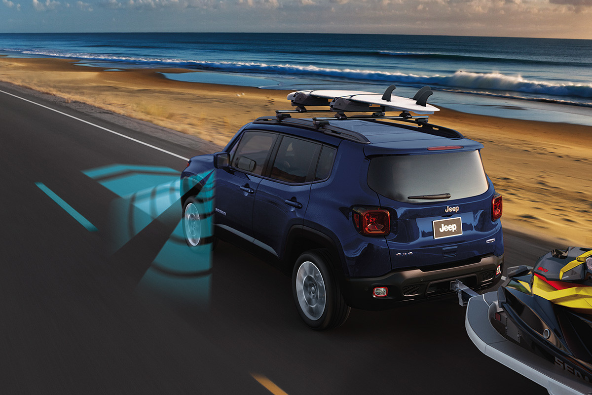 Jeep Renegade 2019 illustré avec extérieur bleu et radar de sécurité