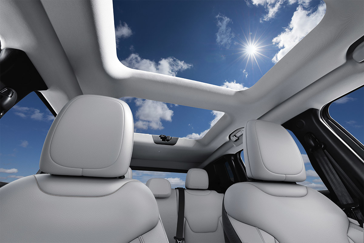 Overall view of dual panoramic sunroof of 2020 Jeep Renegade