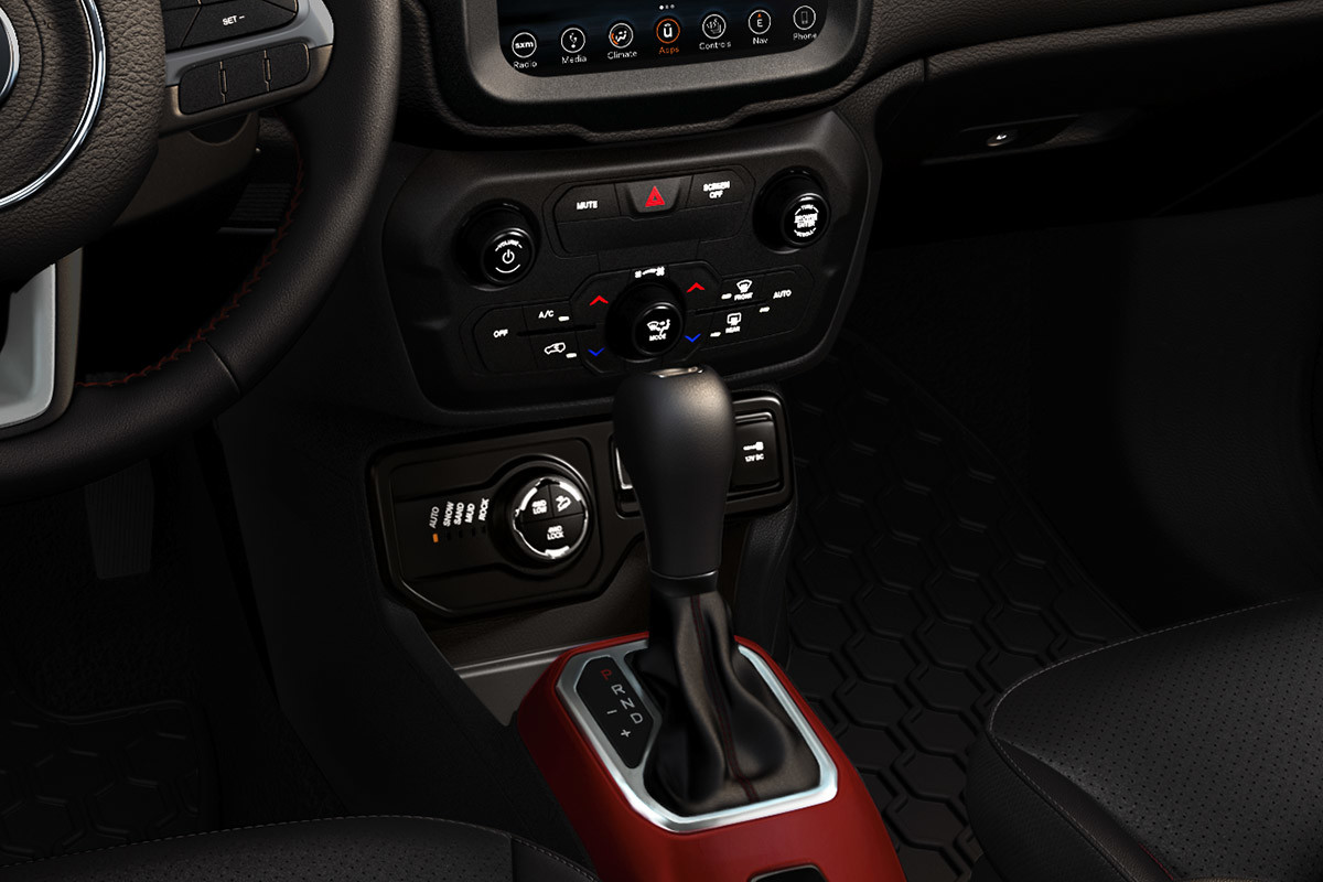 Close up view of the 2020 Jeep Renegade showing its gear shifter and the drive mode selector