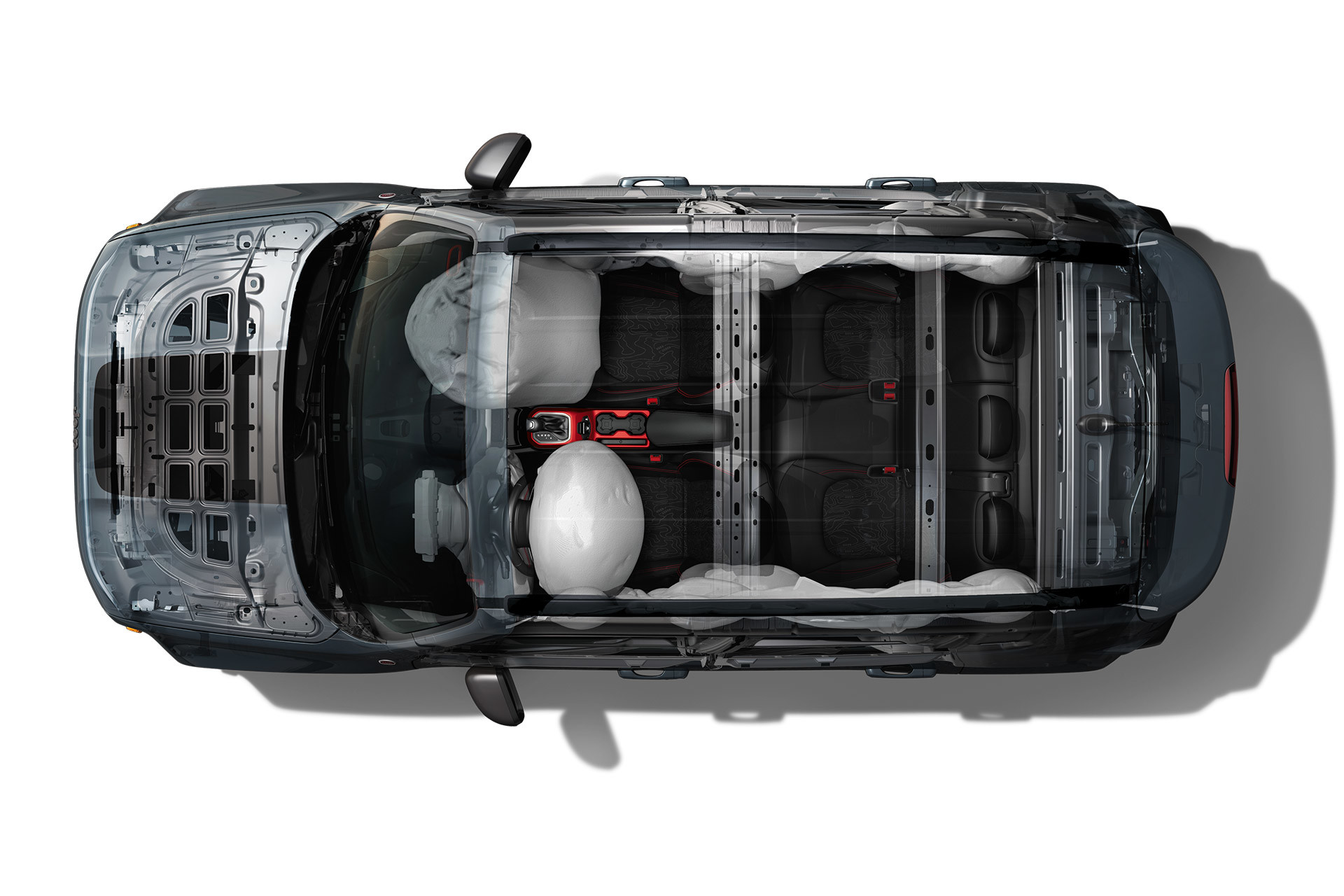 Underskin view of 2020 Jeep Renegade highlighting its structure and air bags