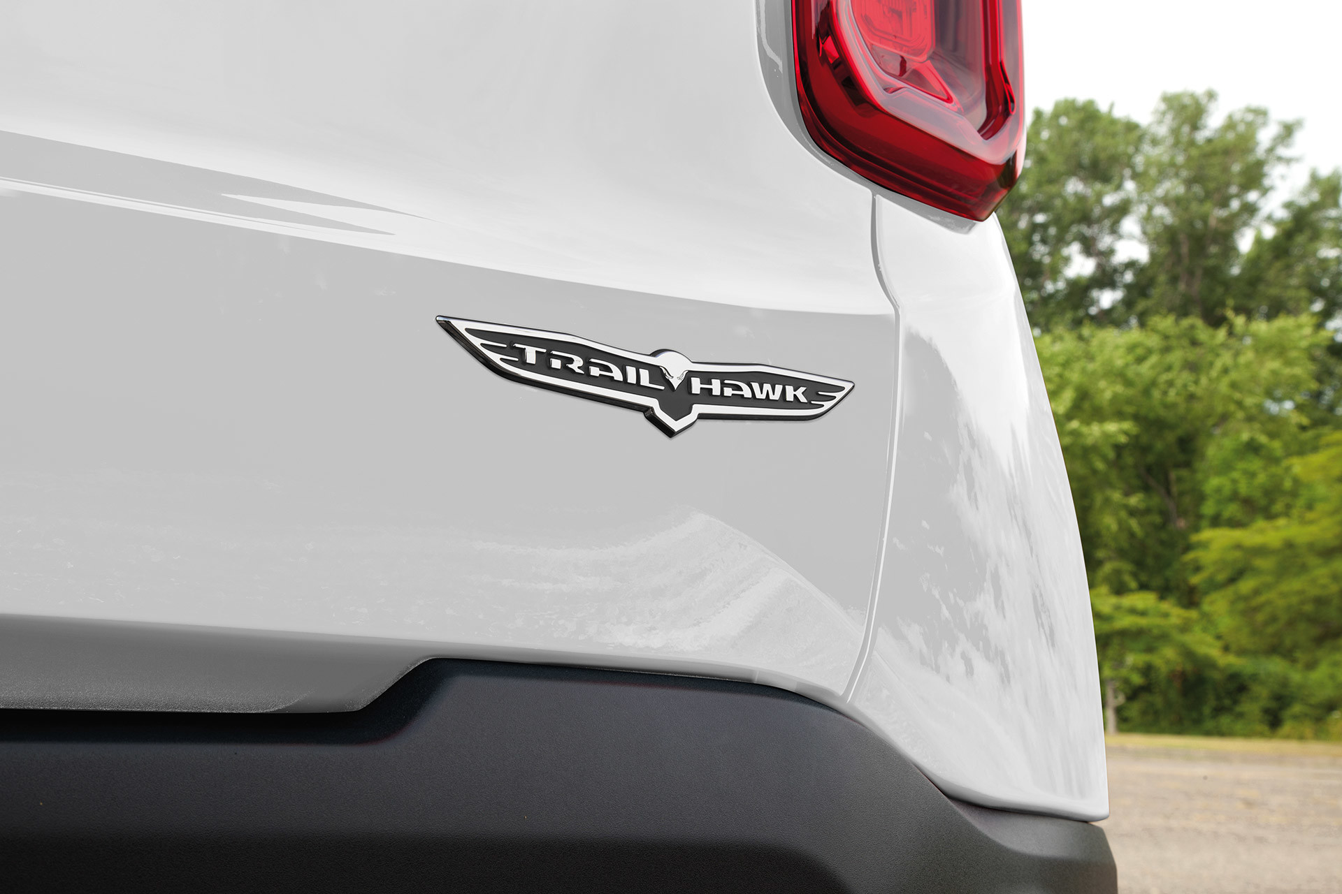 Close up view of 2020 Jeep Renegade Trailhawk badge