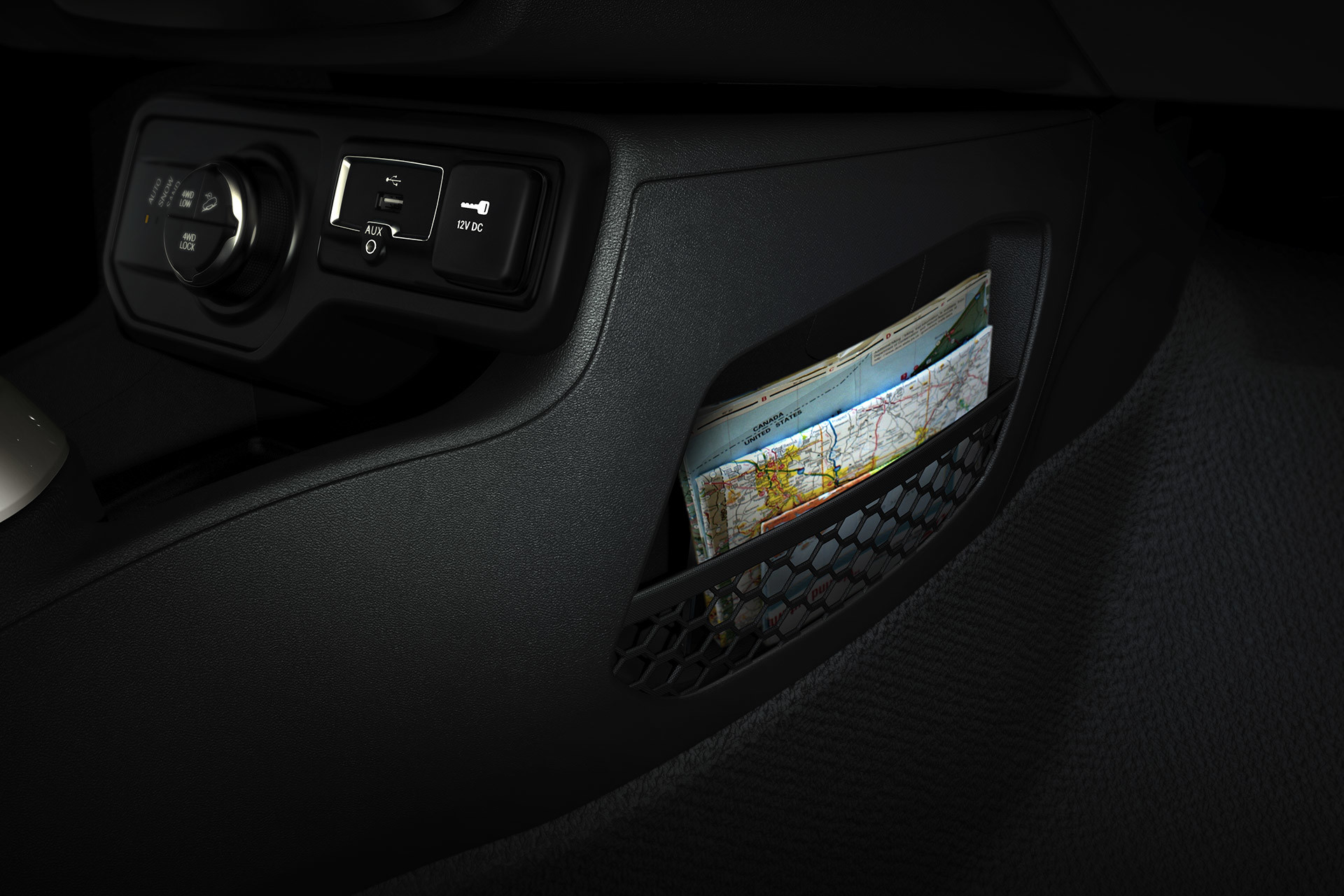 Interior of 2020 Jeep Renegade showing extra storage options