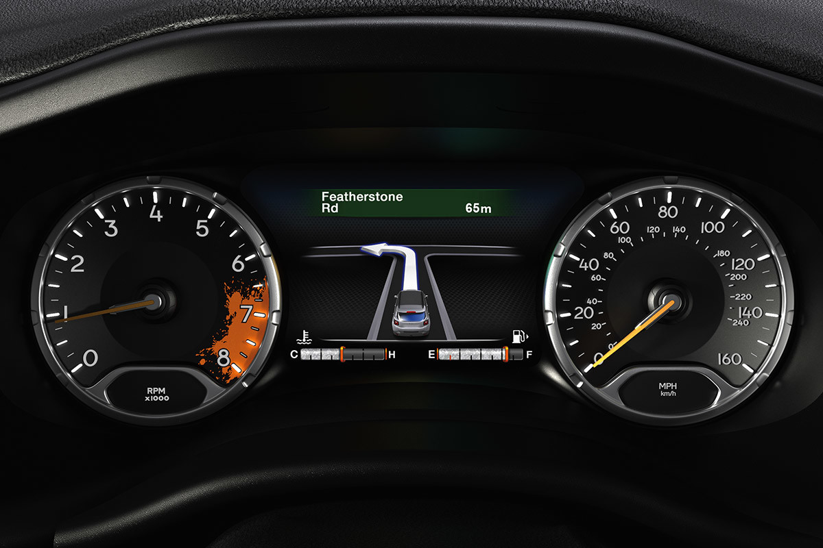 Close-up of the Jeep Renegade full-colour 7-inch digital cluster display centre.