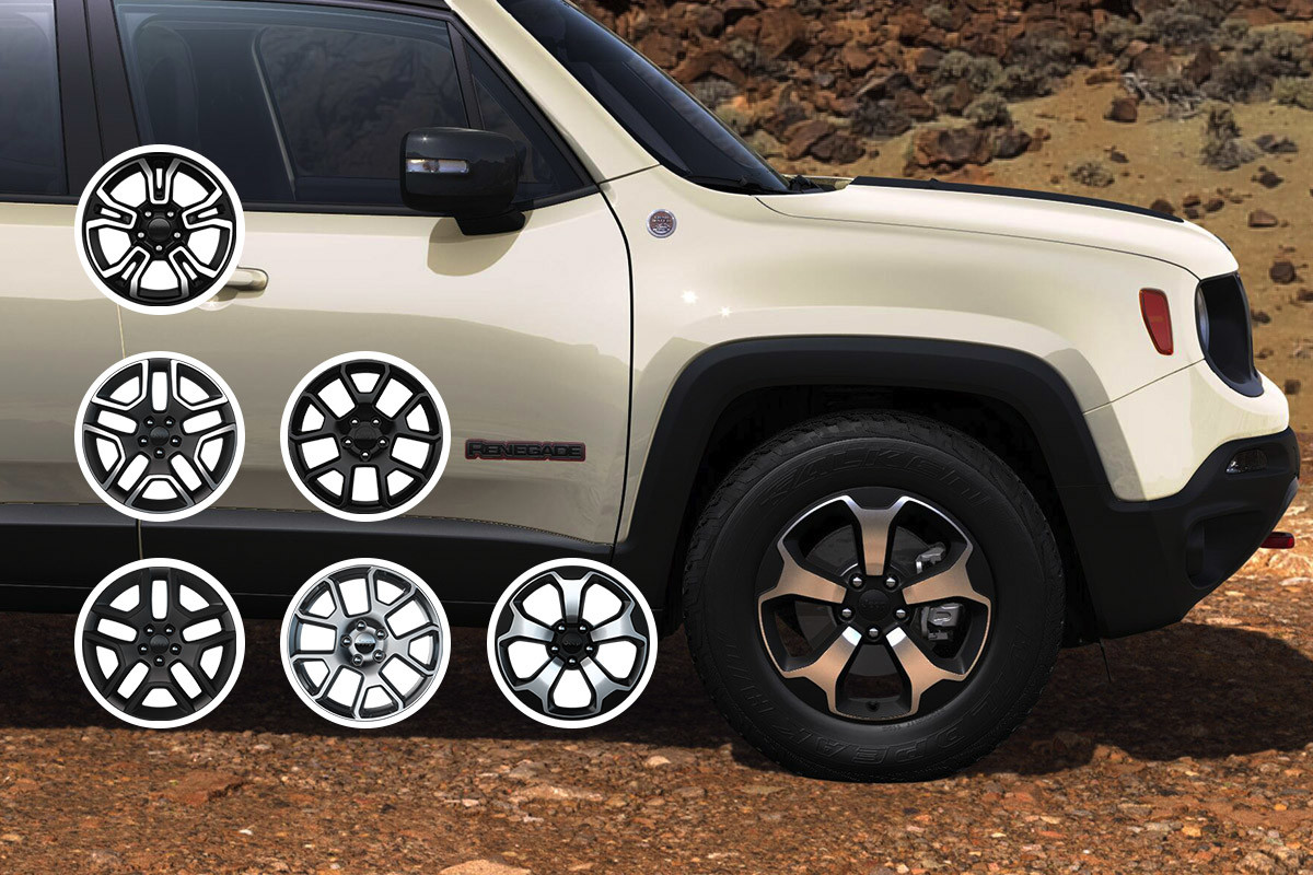 Peaufinez votre style Vue latérale d’un Jeep Renegade garé sur un terrain rocheux et sablonneux avec des collines rocheuses en arrière-plan.
