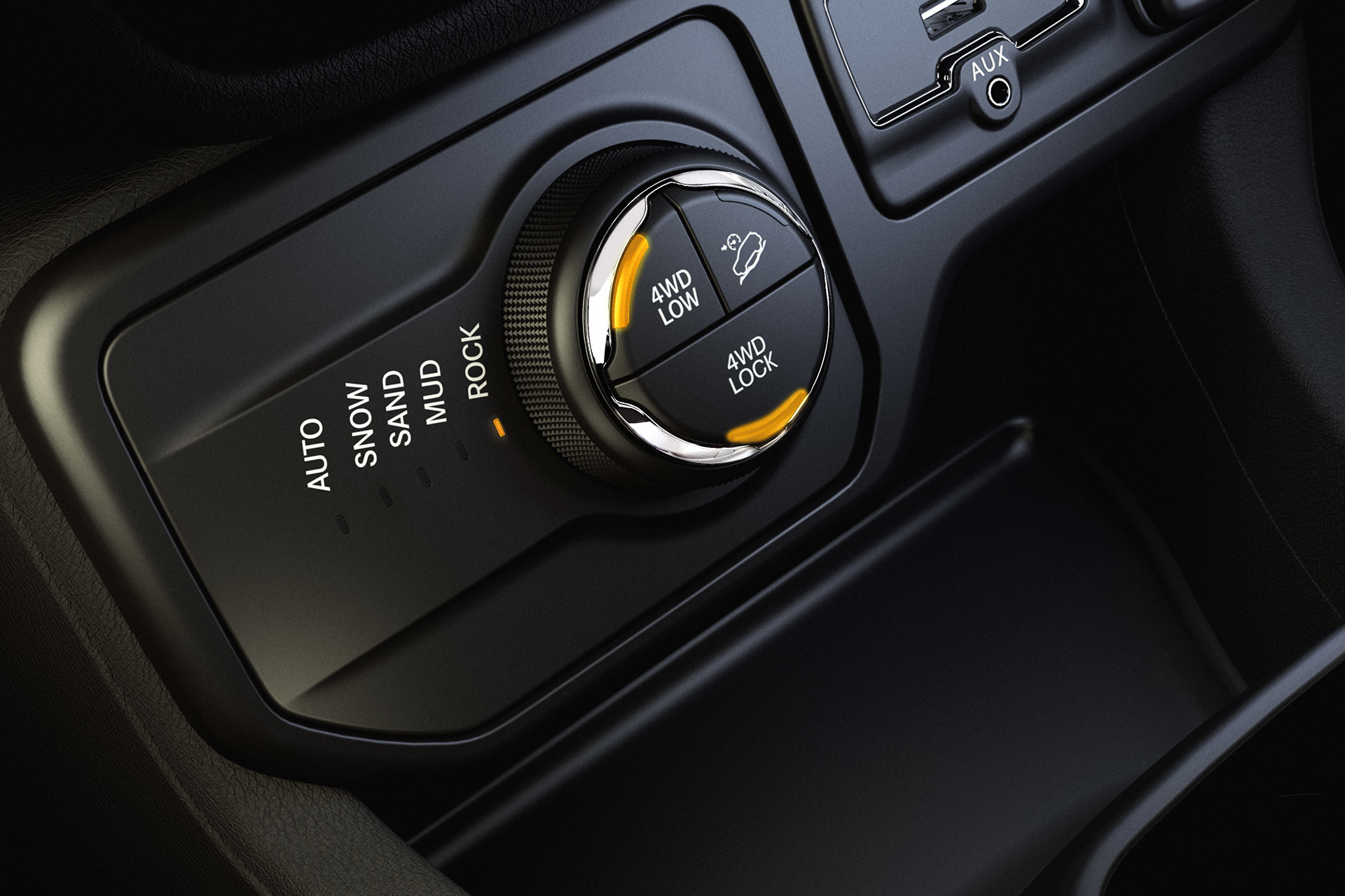 Gros plan des commandes 4WD Lock et 4WD Low, ainsi que des modes Auto, Snow, Sand, Mud et Rock.