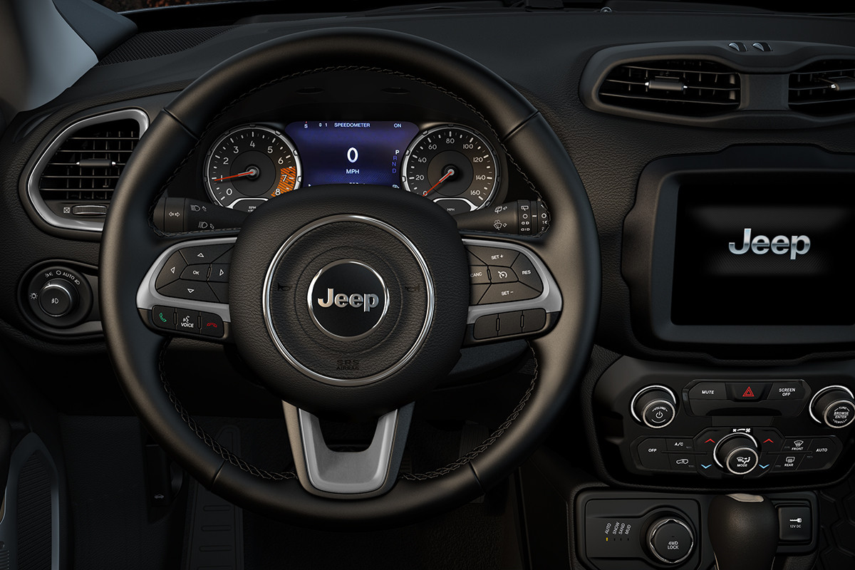 Gros plan du volant du Jeep Renegade 2022.