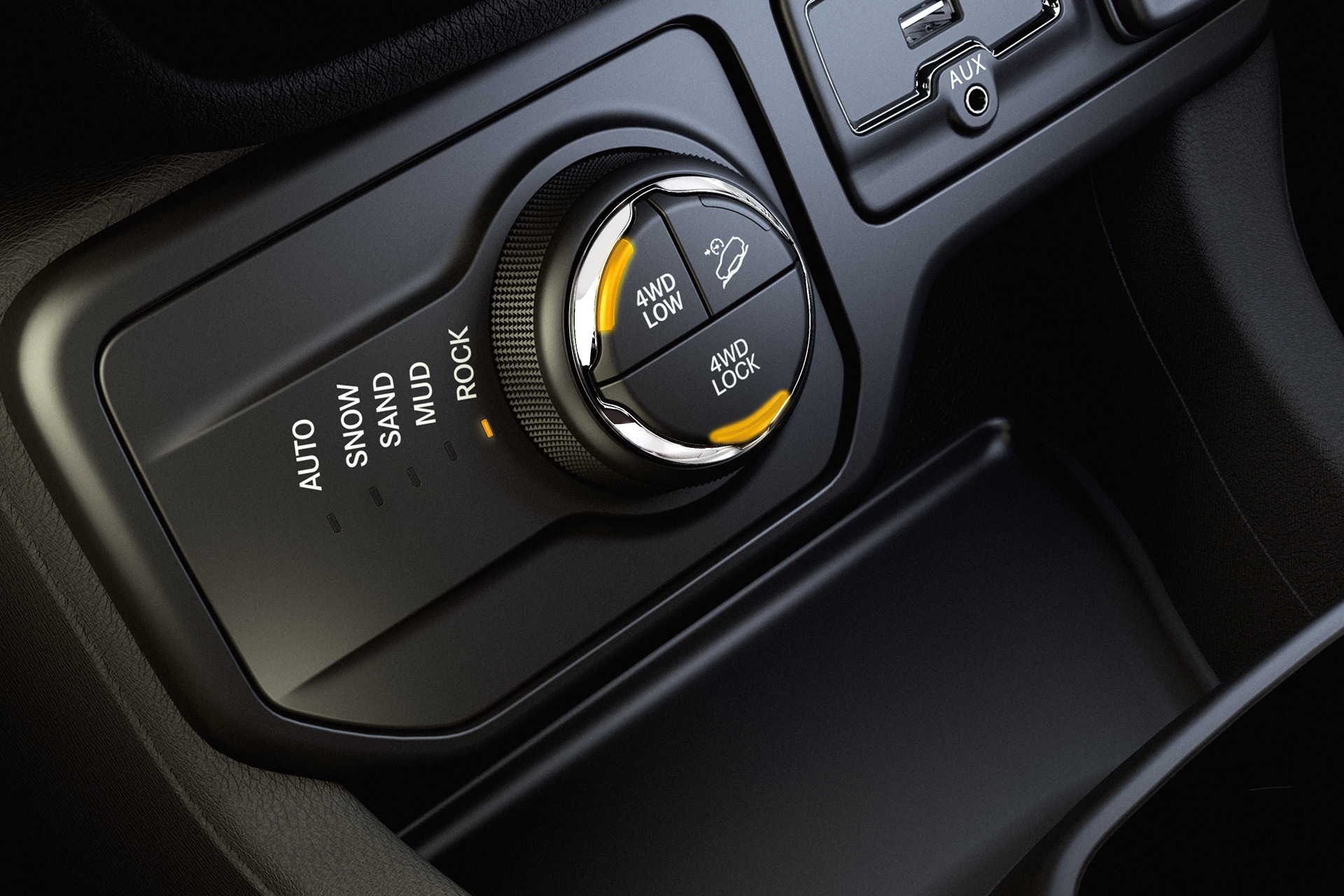 Close up of the traction management system inside a 2022 Jeep Renegade.