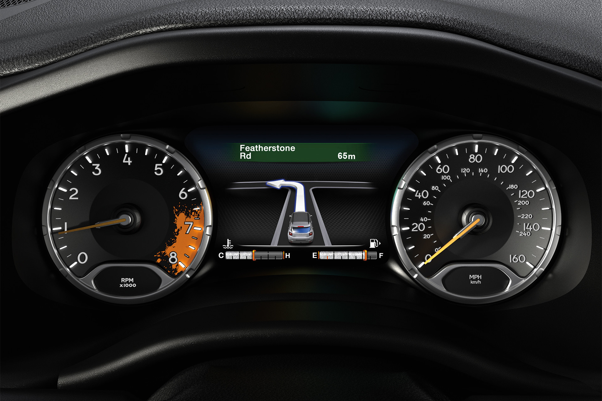 Close up of the customizable 7-inch in-cluster display in a 2022 Jeep Renegade.