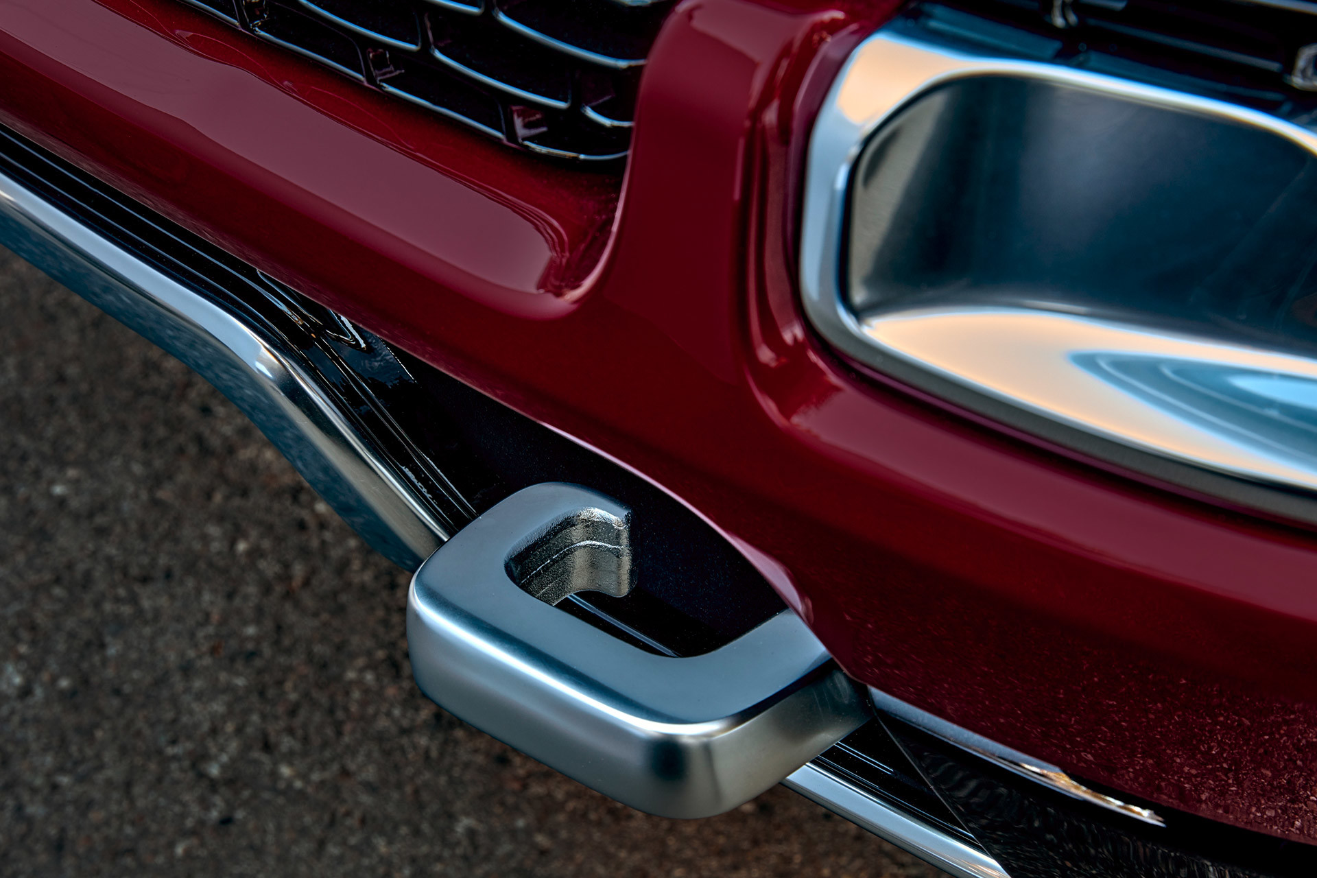 The tow hooks on a red 2022 Wagoneer.