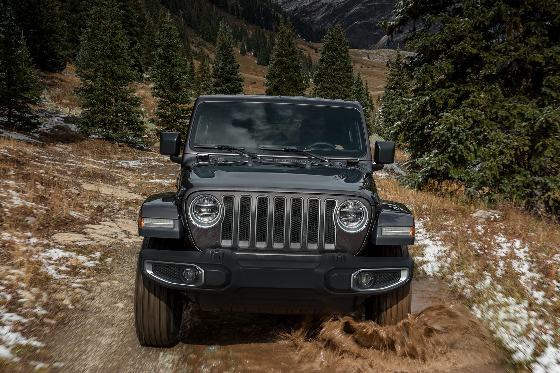 2018 Jeep Wrangler JL Sahara black body-colour grille and front fender flares with integrated turn signals