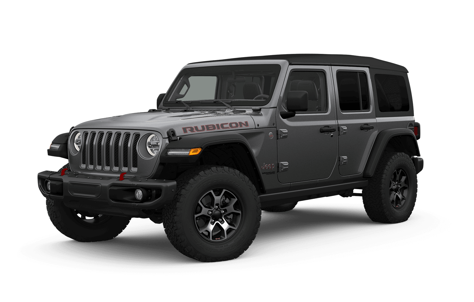 Vue complète du Jeep Wrangler 2019 illustré en gris foncé avec roues