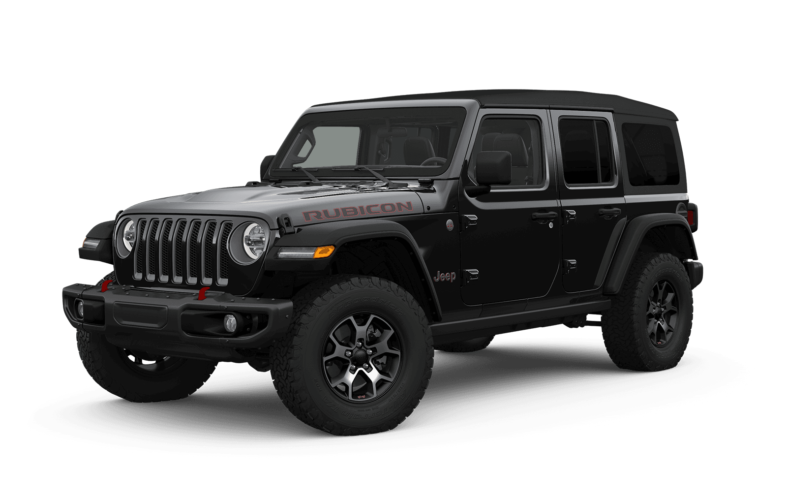 Vue complète du Jeep Wrangler 2019 illustré en noir avec roues