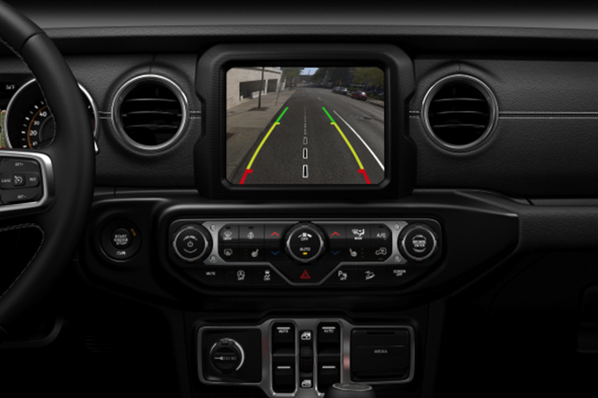 Centre console of the 2020 Jeep Wrangler showing rear view camera on the 8.4 inch touchscreen