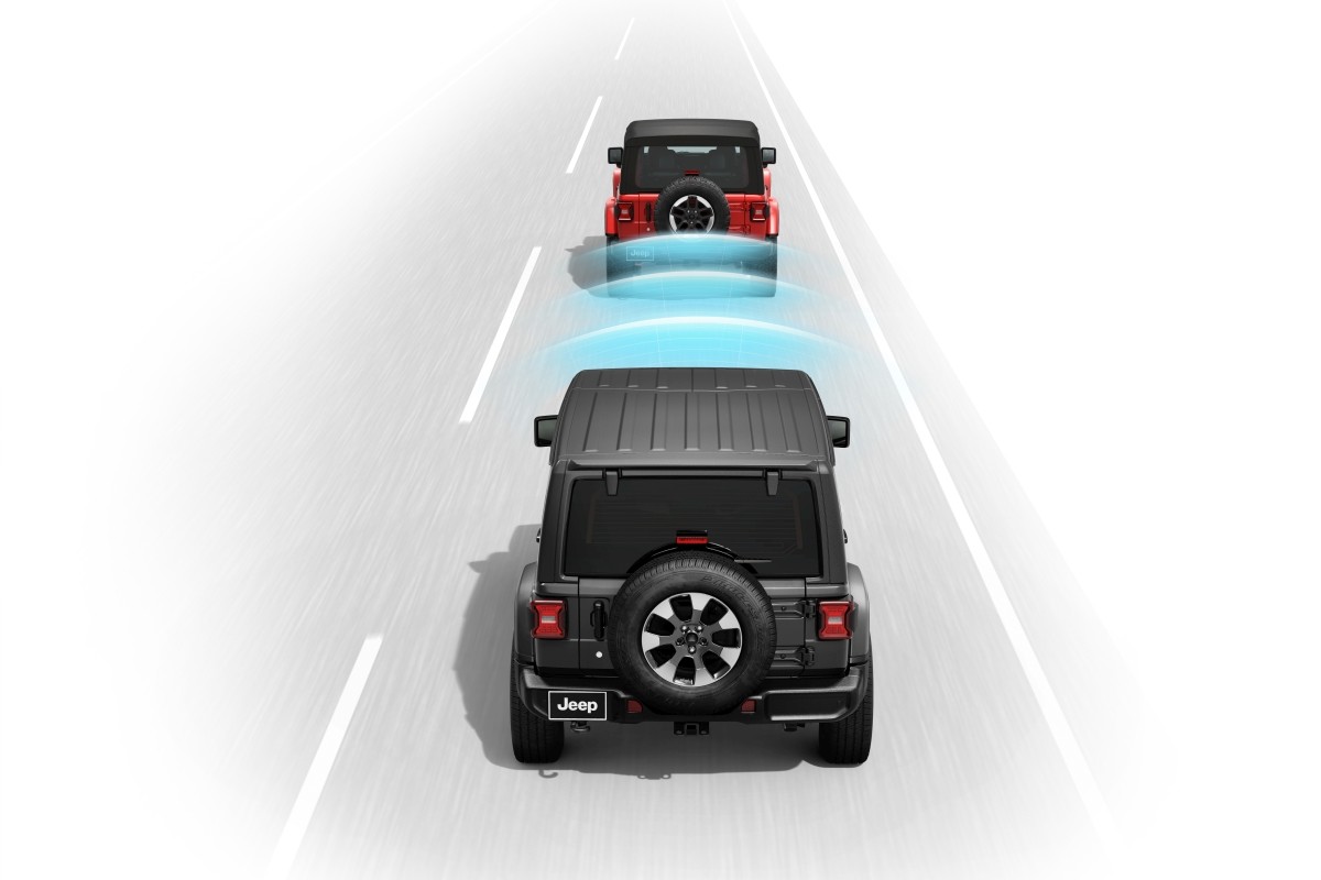 The 2020 Jeep Wrangler highlighting its adaptive cruise control feature