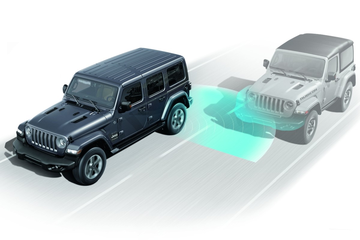 The grey 2020 Jeep Wrangler highlighting its radar based sensor