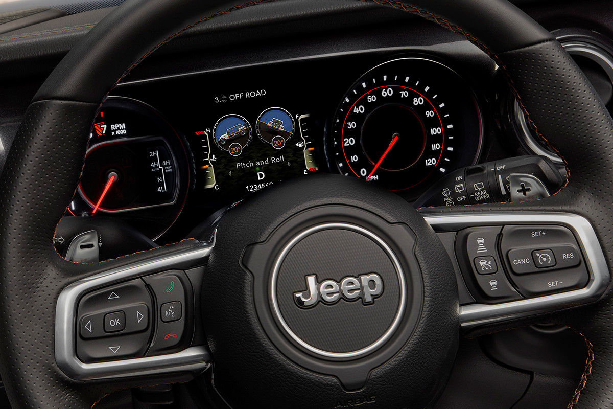 Close up of the Jeep Wrangler Rubicon 392 steering wheel.