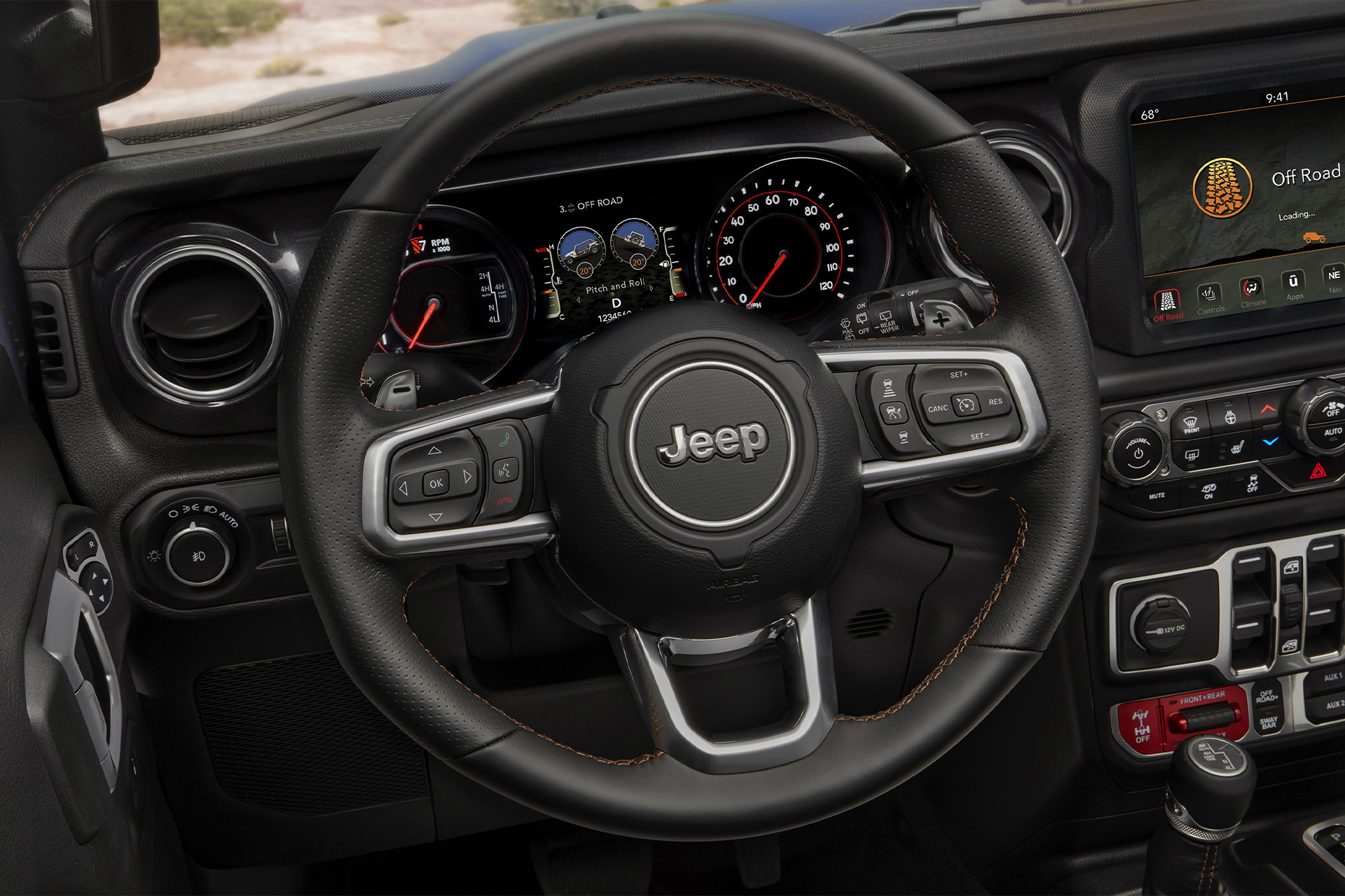Gros plan du volant du Jeep Wrangler Rubicon 392