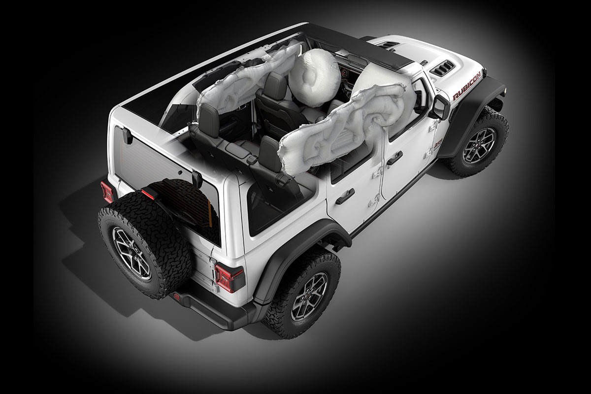Interior view of airbags within a 2024 Jeep Wrangler.