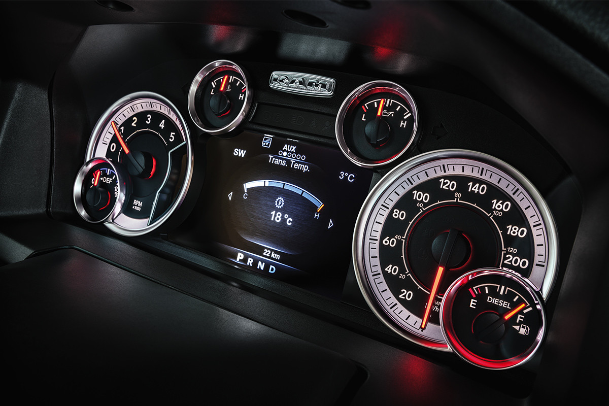 Interior dashboard view of the 7-inch in-cluster display in the 2020 Ram 1500 Classic