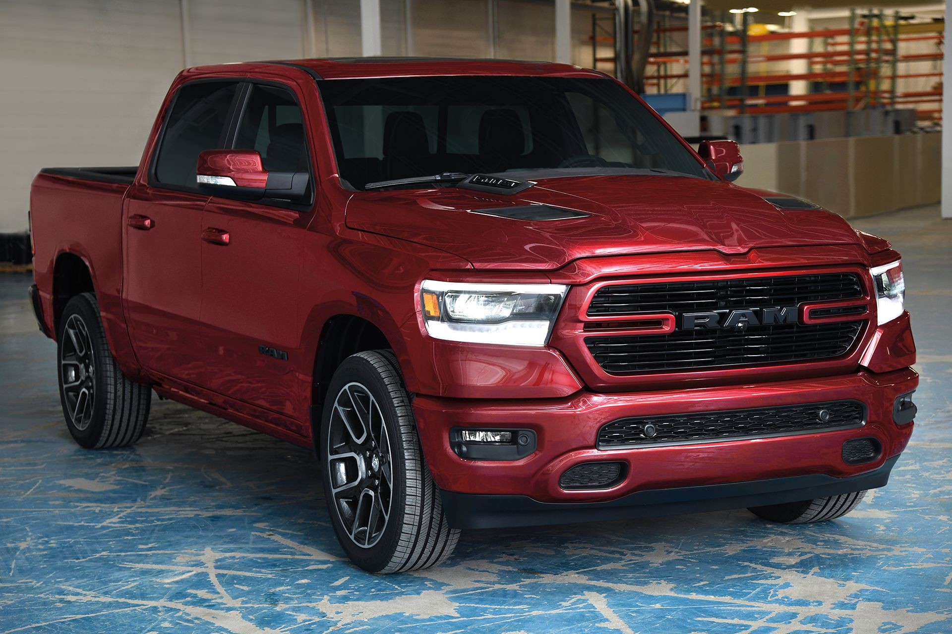 2019 Ram 1500 red exterior steel bumpers and elaborate grille designs