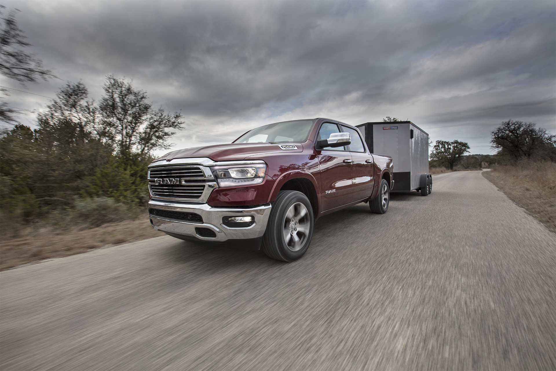2019 Ram 1500 white with Best in Class V8 engine towing capacity