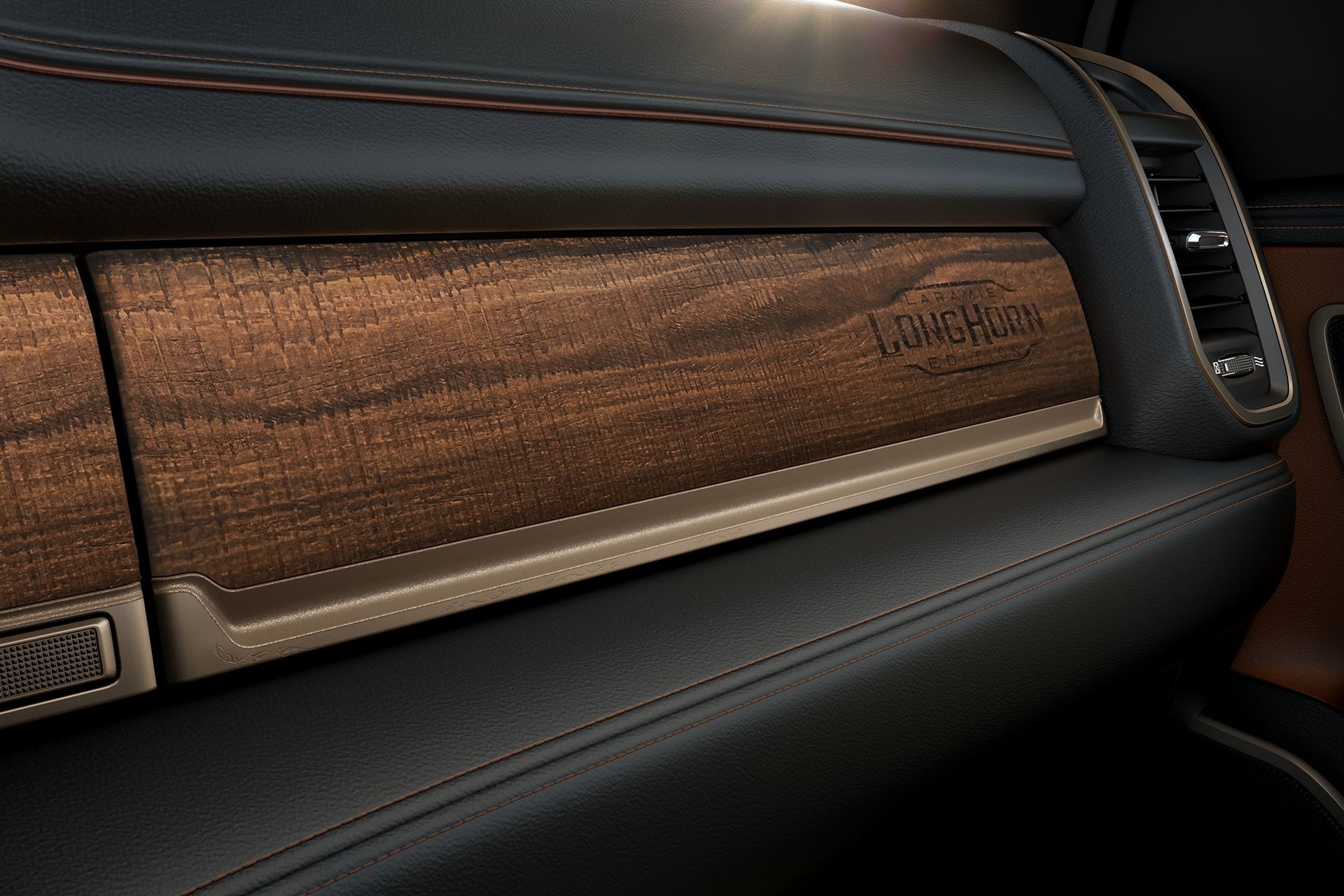 The real wood glove box of the 2019 Ram 1500